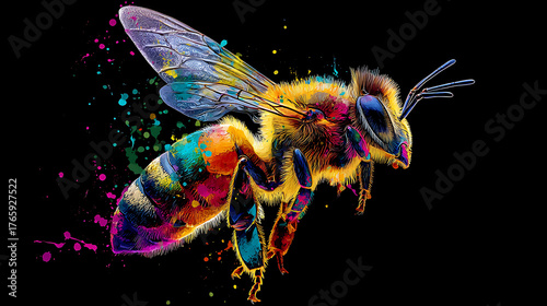 A vibrant, multicolored bee rendered with watercolor splashes on a stark black background. with glow