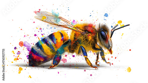 A vibrant watercolor bee bursts with color, splashy backdrop, vivid stripes and wings across page..
