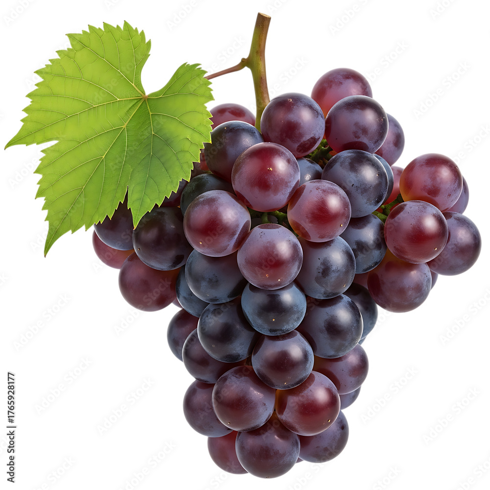 Fototapeta premium Red Grapes with Green Leaf on Stem fruit bunch of grapes