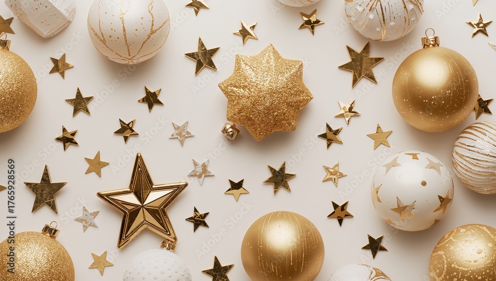Fototapeta premium Golden Spheres and Stars Composition, A Festive Arrangement of Shapes and Textures.