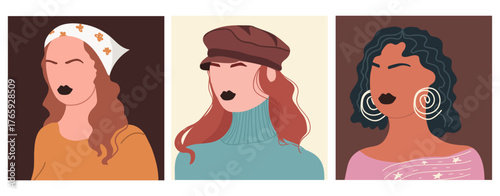 Abstract women portraits set. Faceless female characters. Person poster, head avatar, hand drawn vector illustration.