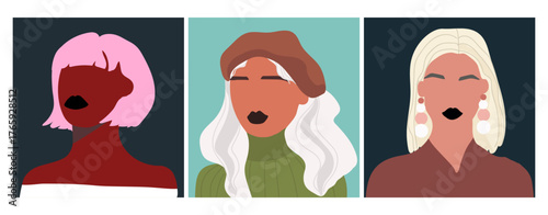 Abstract women portraits set. Faceless female characters. Person poster, head avatar, hand drawn vector illustration.