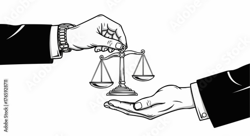 Hand offering scales of justice symbolizing balance and fairness in legal and business dealings