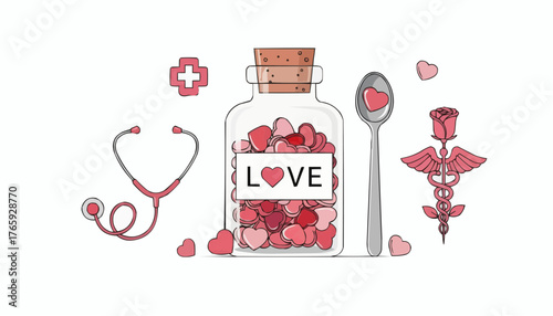 Discover the heart of medicine with love symbols, stethoscope, and caduceus