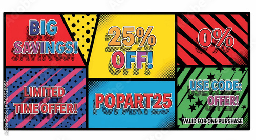 Vibrant sale banner and discount coupon design in a pop art and comic style, a colorful vector illustration