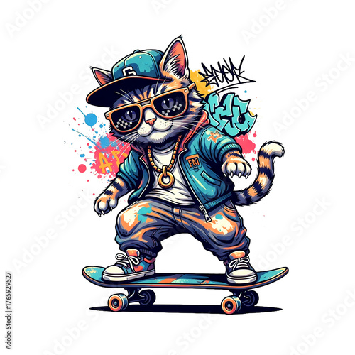 Cartoon cat character skateboarding, wearing a backwards hat, sunglasses, and a jacket with graffiti and bright splatters.