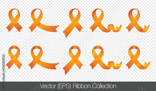 Set of vector orange awareness ribbons isolated on transparent background for Leukemia, multiple sclerosis, teen suicide awareness campaigns. Ribbon designs for healthcare, awareness posters