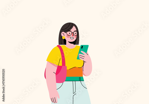 Young woman smiling while using smartphone with casual outfit  