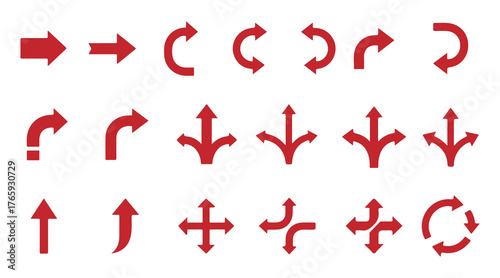 Collection of various red directional arrow icons and symbols on a white background for navigation and design