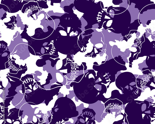 Seamless skull camouflage vector pattern. Illustration features skulls mixed into a purple and white camo design. Apparel textile print.