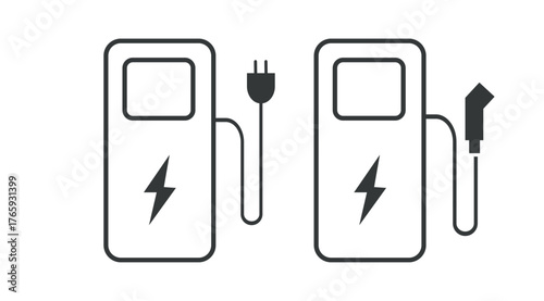 Electric vehicle EV charging station sign set. Car EV parking sign. Electric car charging point icons. Electric car with plug icon symbol. Only while charging. Vector Illustration.