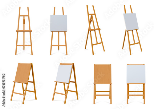 Realistic easel. Paint stand board. 3D wooden art frame for painter or artist studio. Empty square whiteboard. Picture tripod. Isolated artwork canvas. Creative hobby stuff vector set
