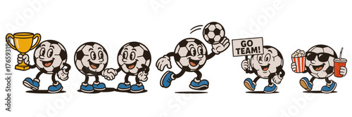 Set of vintage soccer ball mascots in action with happy expressions, for sports and event graphics