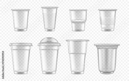 Plastic cup. Clear smoothie glass. Lid holder mock up or transparent offer. Lemonade disposable mug. Straw for ice juice. Cocktail and milkshake tableware. Vector realistic mockups set
