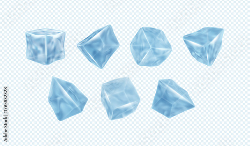3d ice. Crystal cube piece, transparent splash block or white frozen water square for drink and cocktail, cold blue frost shapes different side view. Realistic isolated elements. Vector icons