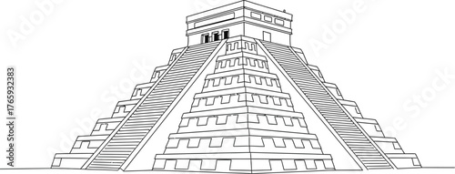 Minimalist Chichen Itza Pyramid Line Art on a Plain Background
