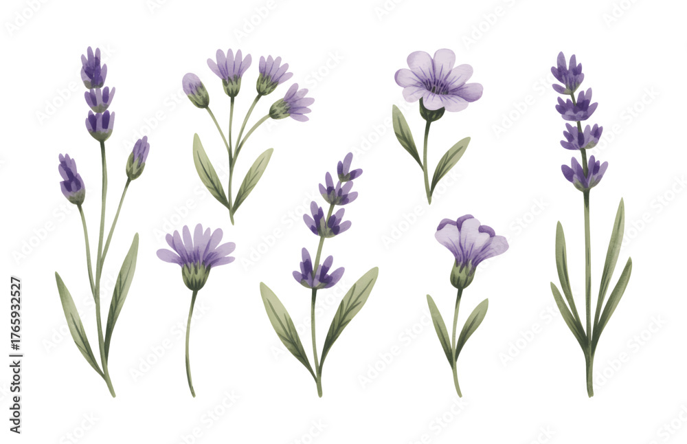 Naklejka premium Lavender and lilac watercolor floral. Wild meadow blooms in lilac hues.