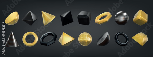 3d gold elements. Golden ball shape, abstract geometric render or realistic sphere steel figures. Digital cone perspective particles. Contemporary design icons. Vector objects isolated set