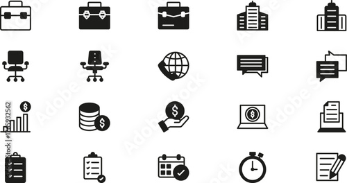 Collection of business and office icons representing work tasks and management tools
