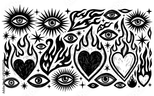 Mystical and occult tattoo flash sheet, featuring eyes, flames, and hearts