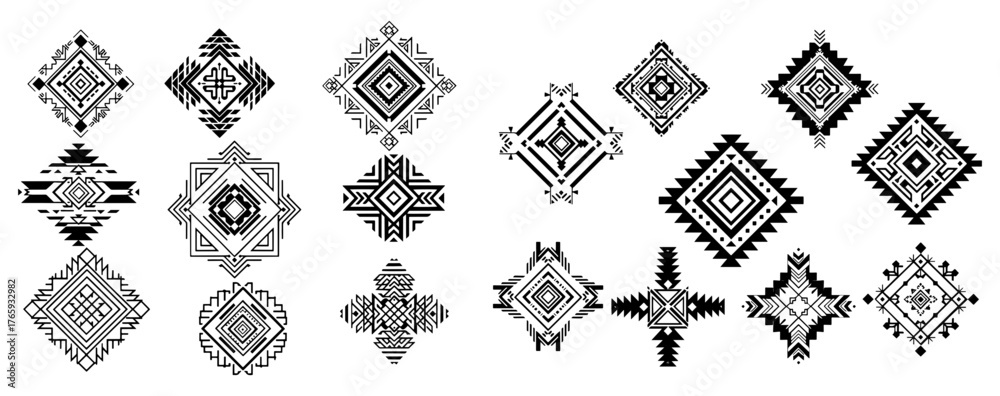 Fototapeta premium Collection of ethnic diamond shapes, showcasing tribal and bohemian patterns