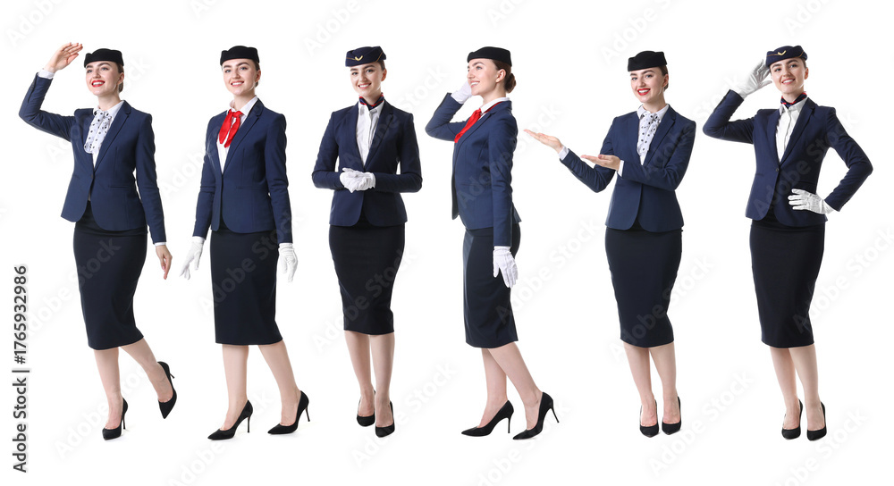 Obraz premium Stewardess in uniform on white background, collection of portraits