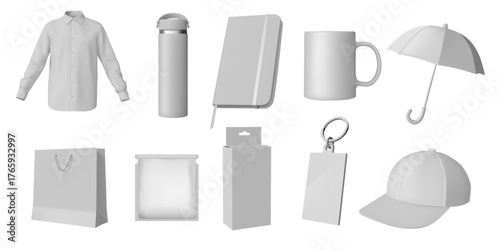T shirt template. Corporate brand souvenirs. White box of tea bag. Identity products for marketing. Mug and gift package. Blank bottle. Office cap or stationery pen. Vector 3D objects set