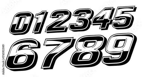 A set of bold racing numbers from zero to nine, perfect for race car design