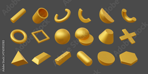 3d gold figures. Golden sphere object, geometry metal triangle, ring and pyramid render elements or abstract volumetric geometric orb ball. CGI gradient cone and cross. Vector isolated set