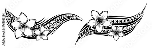 Two tribal tattoo designs with plumeria flowers, polynesian and hawaiian style