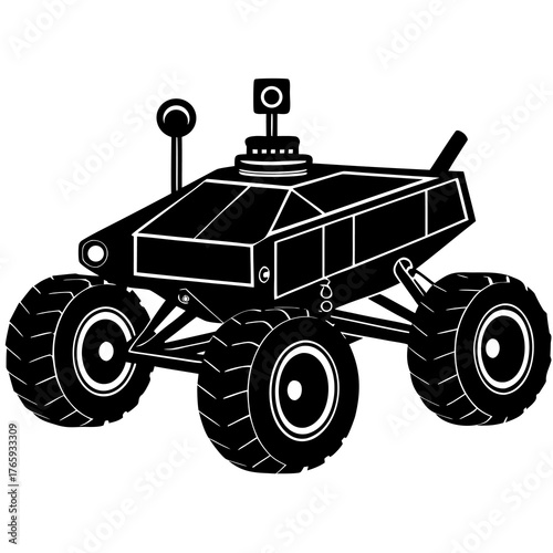A stark black silhouette illustration depicts a futuristic space rover exploring an alien planet showcasing its robust design and solitary journey across the unknown terrain