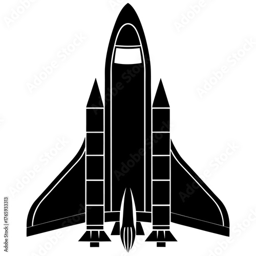 A stark black silhouette illustration of a futuristic space shuttle in flight conveying a sense of exploration and technological advancement against a clean background