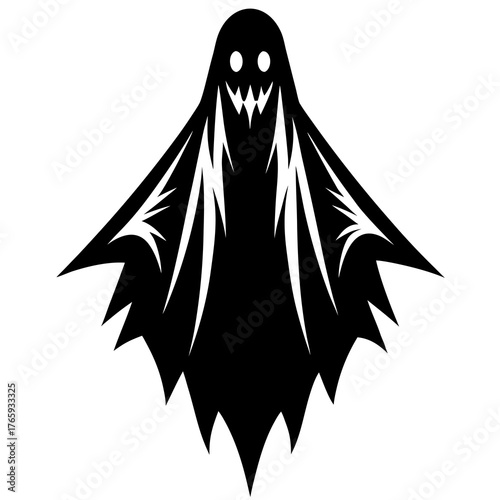 Spooky black silhouette illustration of a classic ghost with a flowing ethereal form perfect for halloween and supernatural themes