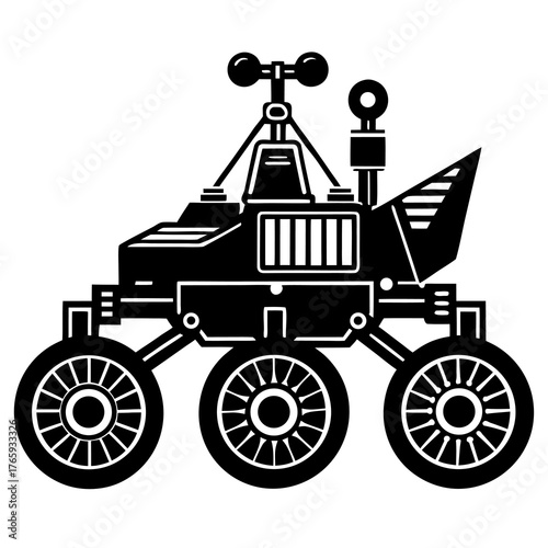 A striking black silhouette illustration of a futuristic space rover exploring an alien planet perfect for science fiction themes and cosmic adventures