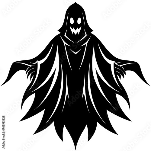 Spooky black silhouette illustration of a classic ghost with a flowing ethereal form perfect for halloween and scary themes