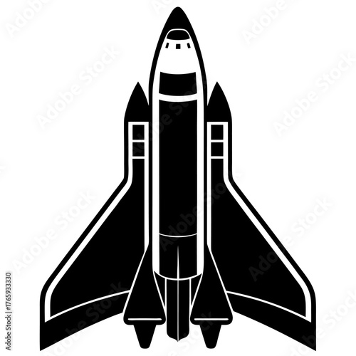 Bold black silhouette illustration of a futuristic space shuttle launching into the cosmos against a blank background symbolizing exploration and adventure