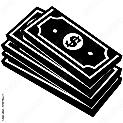 A stark black silhouette illustration depicts a tall overflowing stack of us dollar bills symbolizing wealth finance and financial success in a clean graphic style