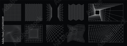 3d grid. Isometric line space. Futuristic wire pattern or mesh shape. Cyberpunk vanishing net elements. Y2k wireframe. Checkered surface. Distorted vortex. Vector cyber backgrounds set