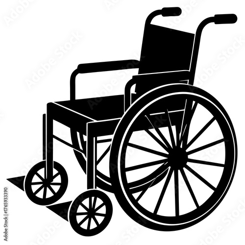 A stark black silhouette illustration of a modern wheelchair presented in a clean isolated isometric view symbolizing accessibility and mobility for individuals with disabilities