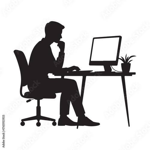 Silhouette of a person contemplating while working at a desk with a computer, minimalist office scene