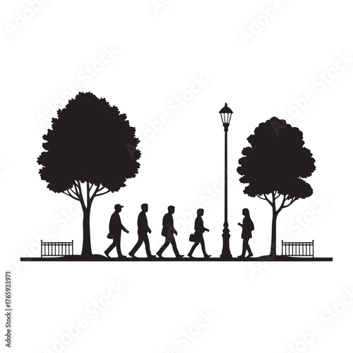 Silhouettes of people walking in a row next to trees and a lamppost on a sunny day, illustrating a community or daily commute