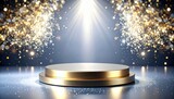 Stunning golden podium bathed in spotlight with dazzling bokeh lights, perfect for product launch or award ceremony celebrations.