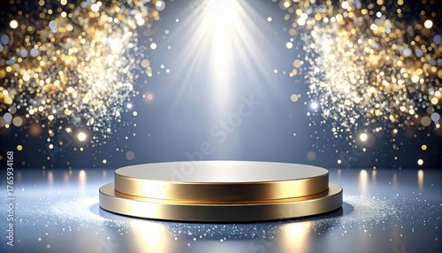 Stunning golden podium bathed in spotlight with dazzling bokeh lights, perfect for product launch or award ceremony celebrations.