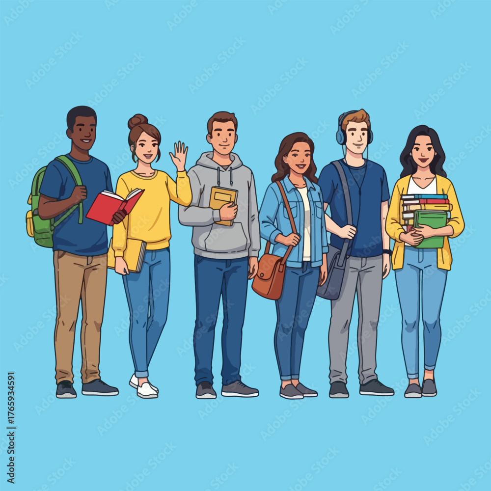 Fototapeta premium Group of diverse students with books and backpacks on a blue background
