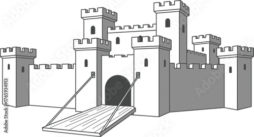 Gray Stone Castle with Drawbridge, Towers, and Arched Entrance