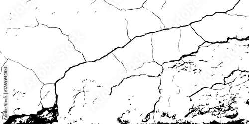 
Artistic representation of cracked, dry ground with intricate, interlacing fissures. The minimalist black and white contrast highlights the randomness of nature’s designs, 