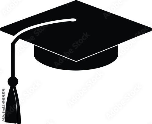 Minimalist Black Graduation Cap (Mortarboard) Vector Icon with Tassel