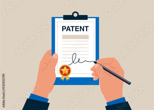 Invention licensing. Authors rights legal protection. Patented protection. Copyright. Vector flat illustration