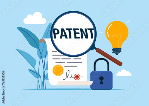 Word PATENT written on a document through a magnifying glass. Patented protection. Copyright. Invention licensing. Vector flat illustration