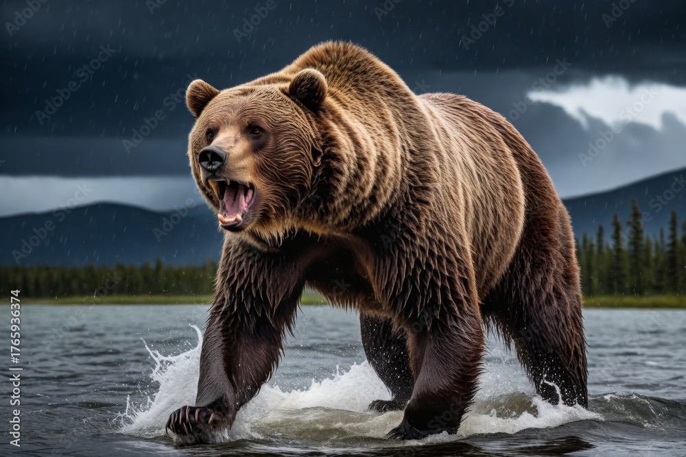 Fototapeta premium Grizzlybär in bedrohlicher Pose – Dramatik eines Bären im Wasser mit intensiver Mimik